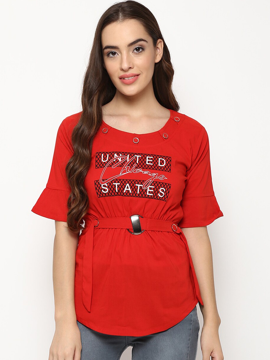 

V2 Value & Variety Red Bell Sleeve Cinched Waist Top