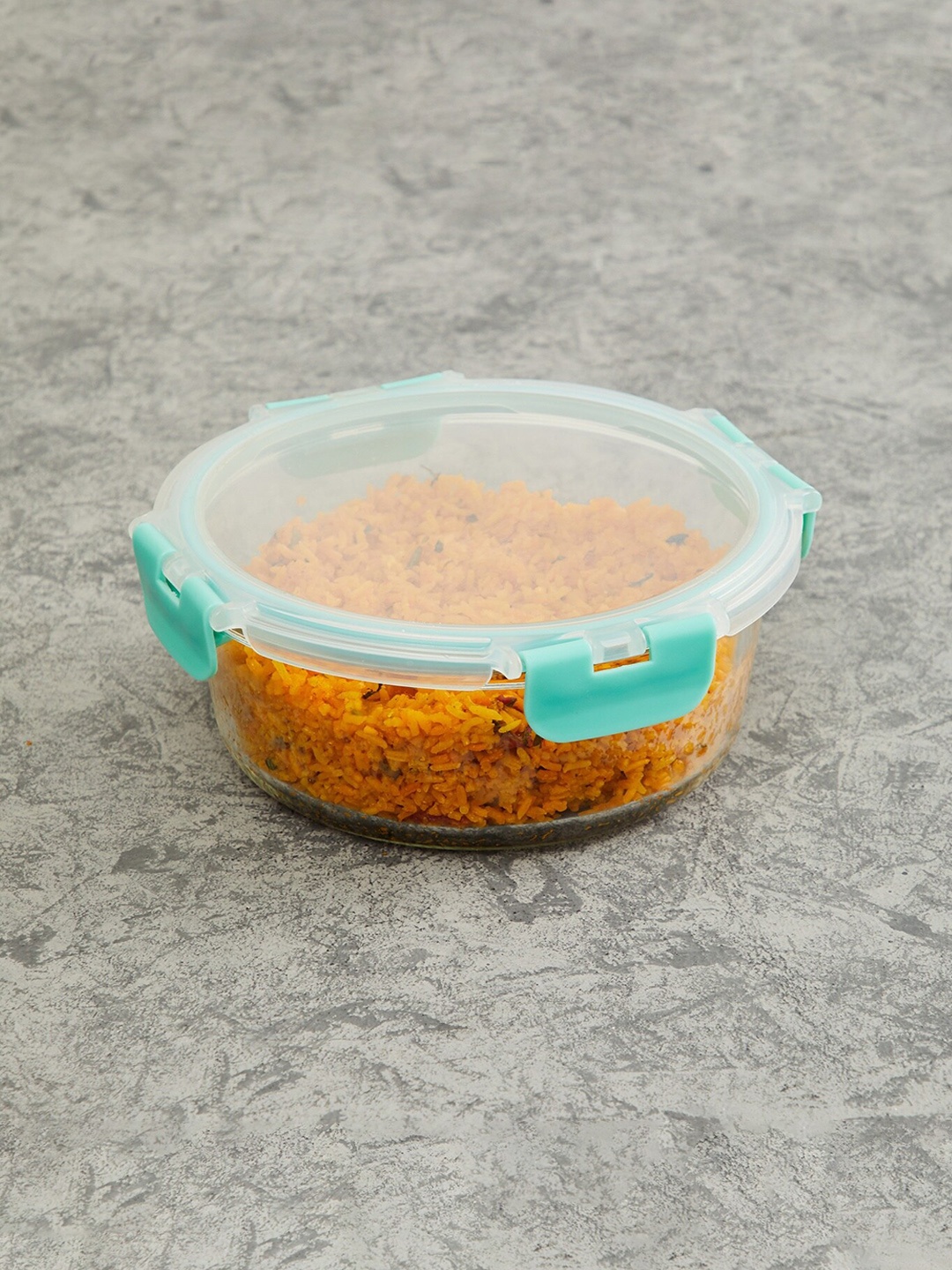 Home Centre Transparent & Turquoise Blue Solid Round Glass Food Storage Container With Removable Lid 950 ml
