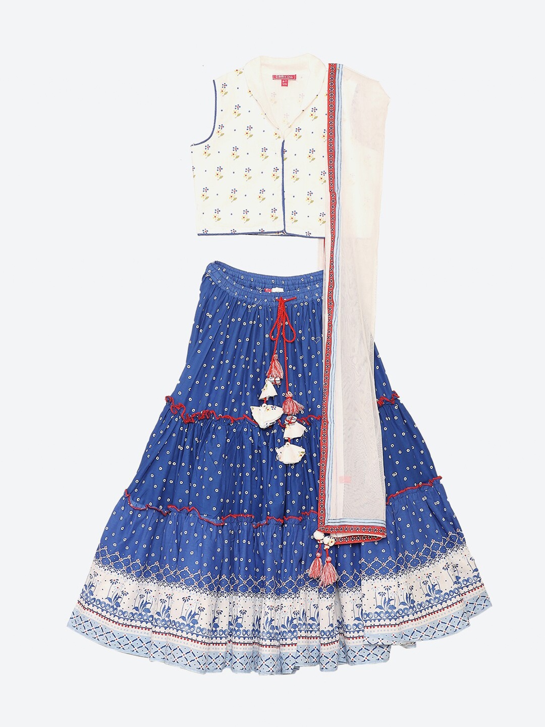 Biba Girls Off-White & Blue Printed Ready to Wear Lehenga & Blouse with Dupatta