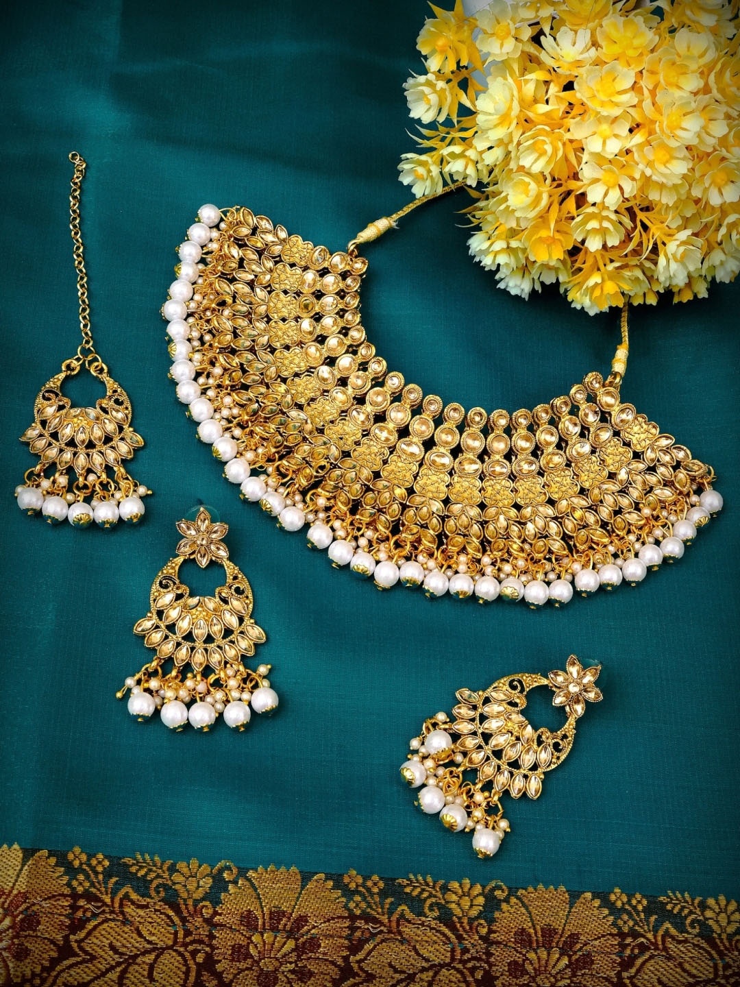 Crunchy Fashion Gold-Plated White Stone-Studded & Pearl Beaded Antique Jewellery Set