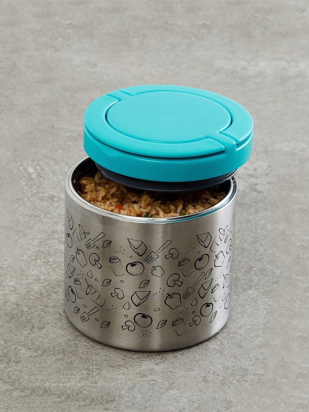 

Home Centre Silver-Toned & Black Printed Stainless Steel Vacuum Lunch Box 630 ml