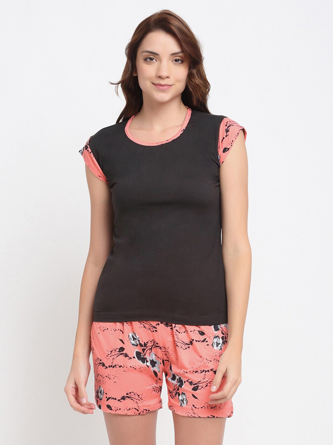 

NEUDIS Women Black & Pink Printed Cotton Night Suit
