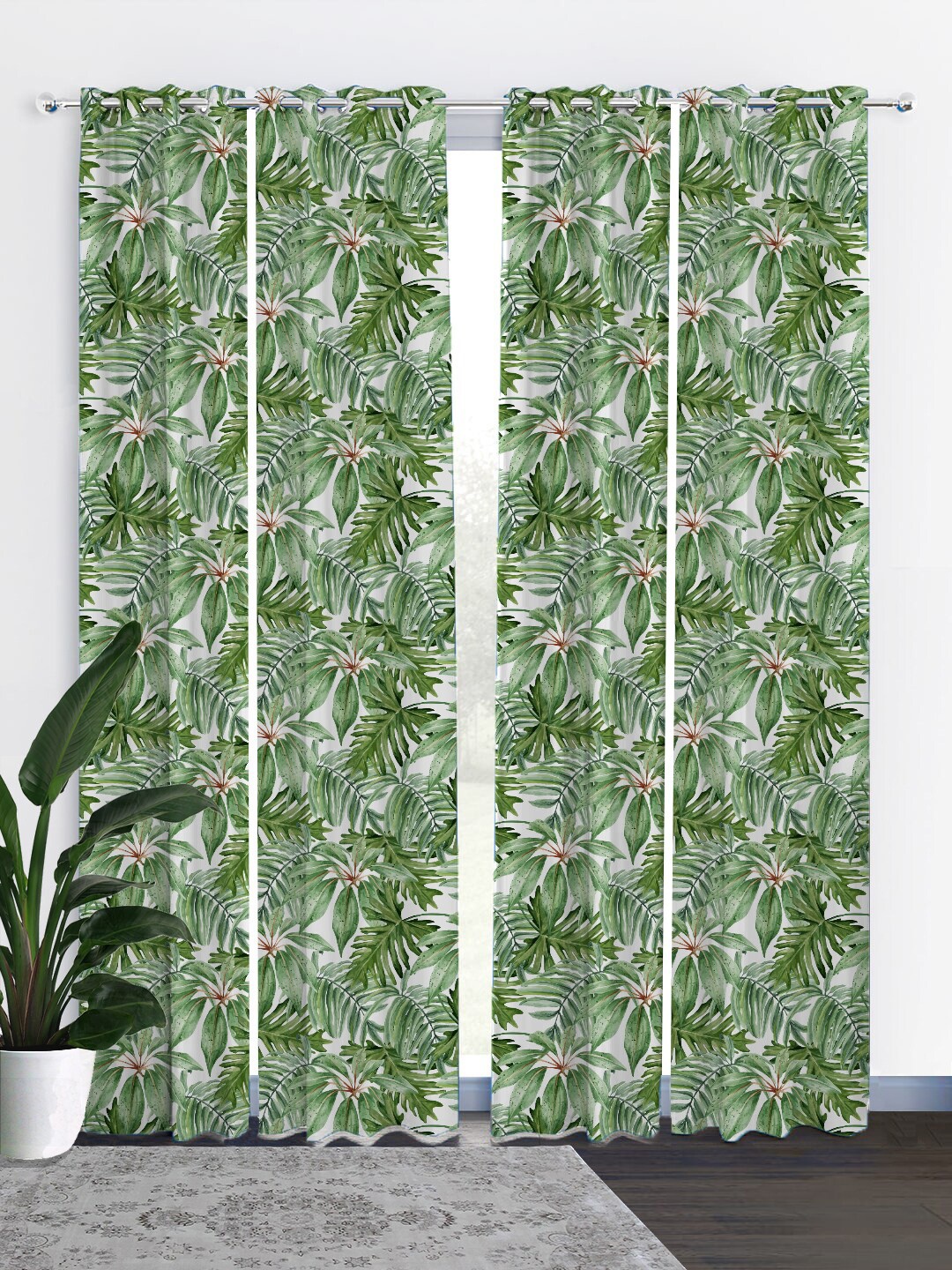 HOUZZCODE Green & White Set of 4 Black Out Long Door Curtains