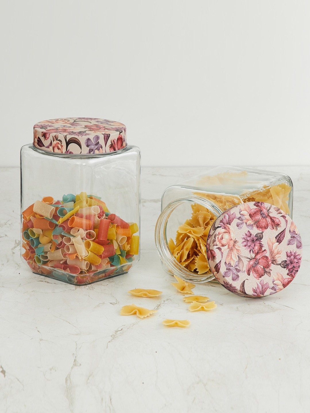 

Home Centre Set of 2 Transparent & Cream-Coloured Solid Glass Jar with Lid
