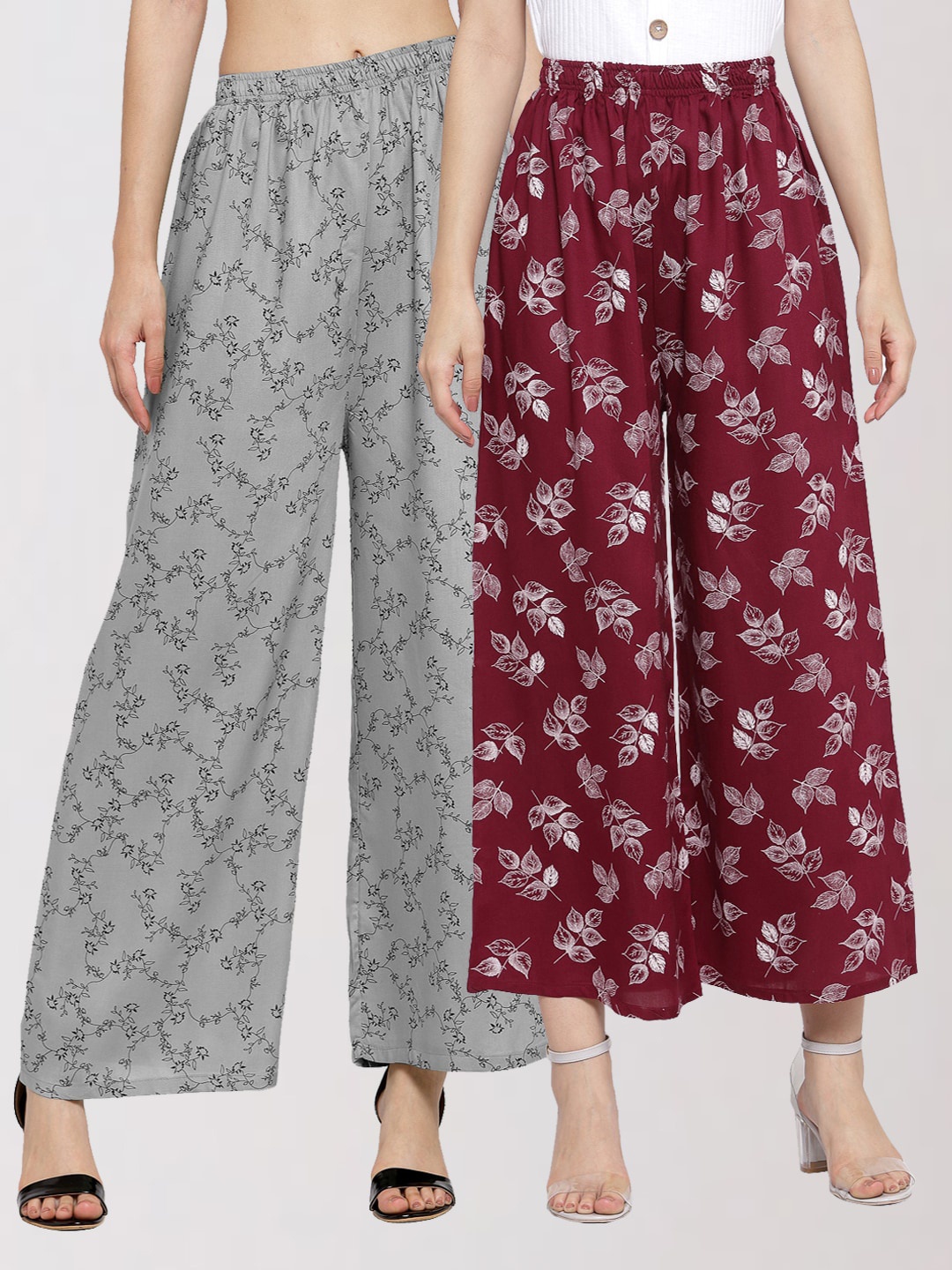 

KLOTTHE Women Set Of 2 Grey & Maroon Printed Palazzos