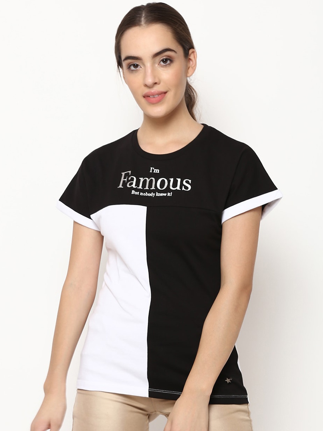 

V2 Value & Variety White & Black Colourblocked Cotton Regular Top