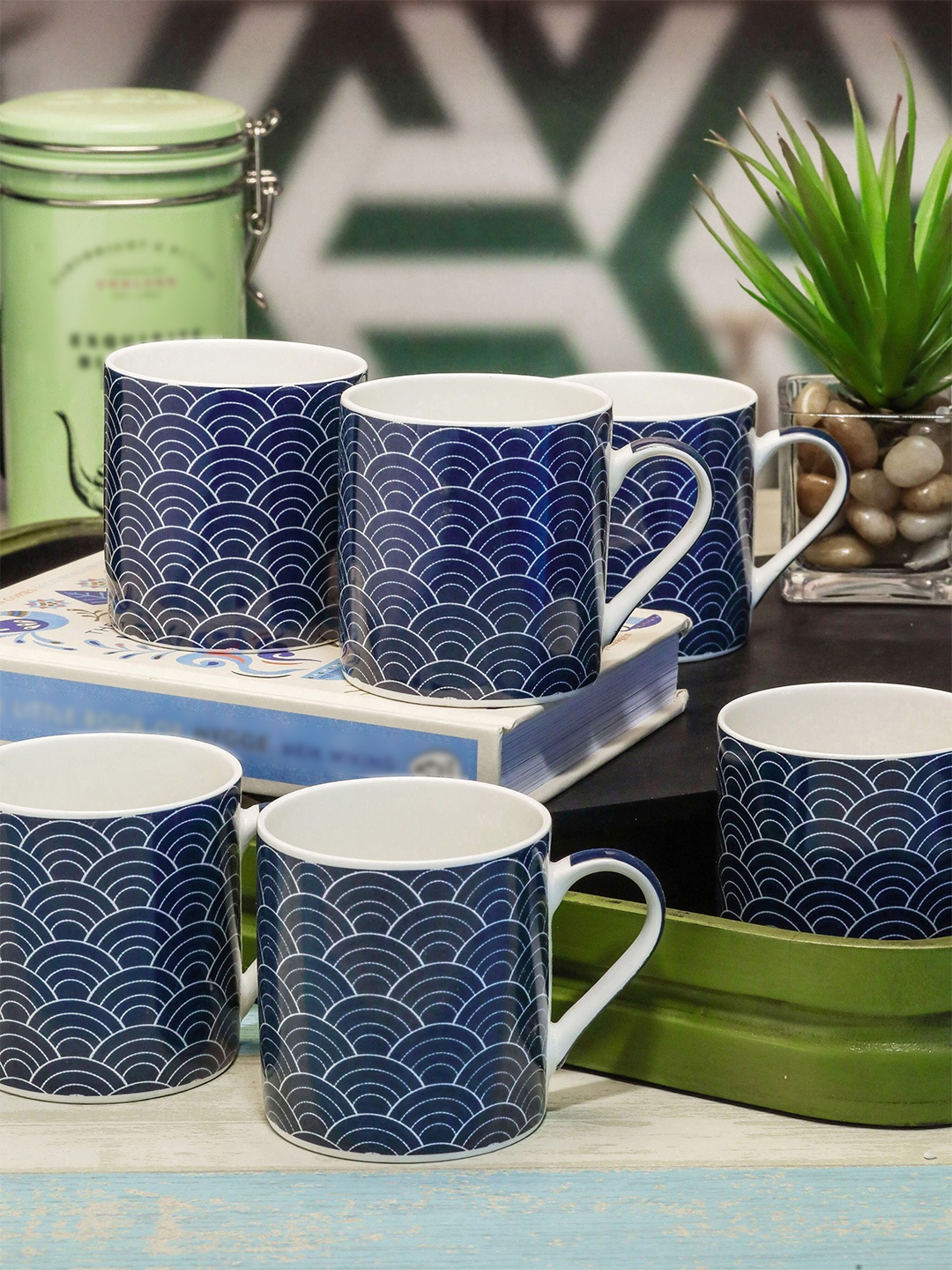 

GOODHOMES Navy Blue & White Set of 6 Printed Bone China Mugs