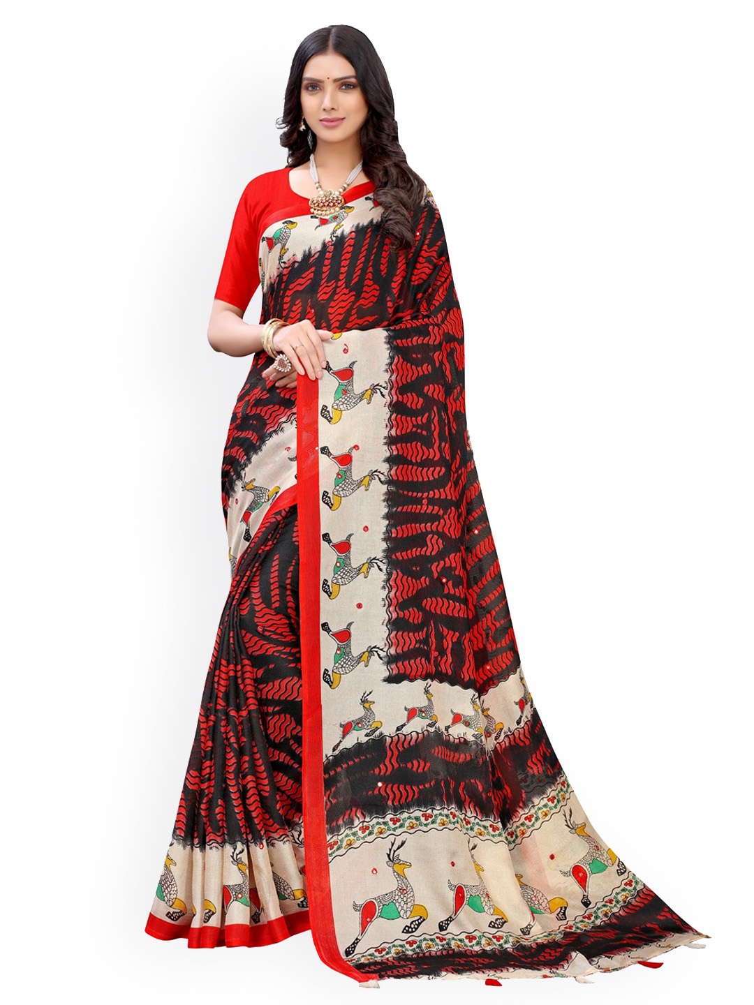 

KALINI Red Printed Jute Cotton Saree