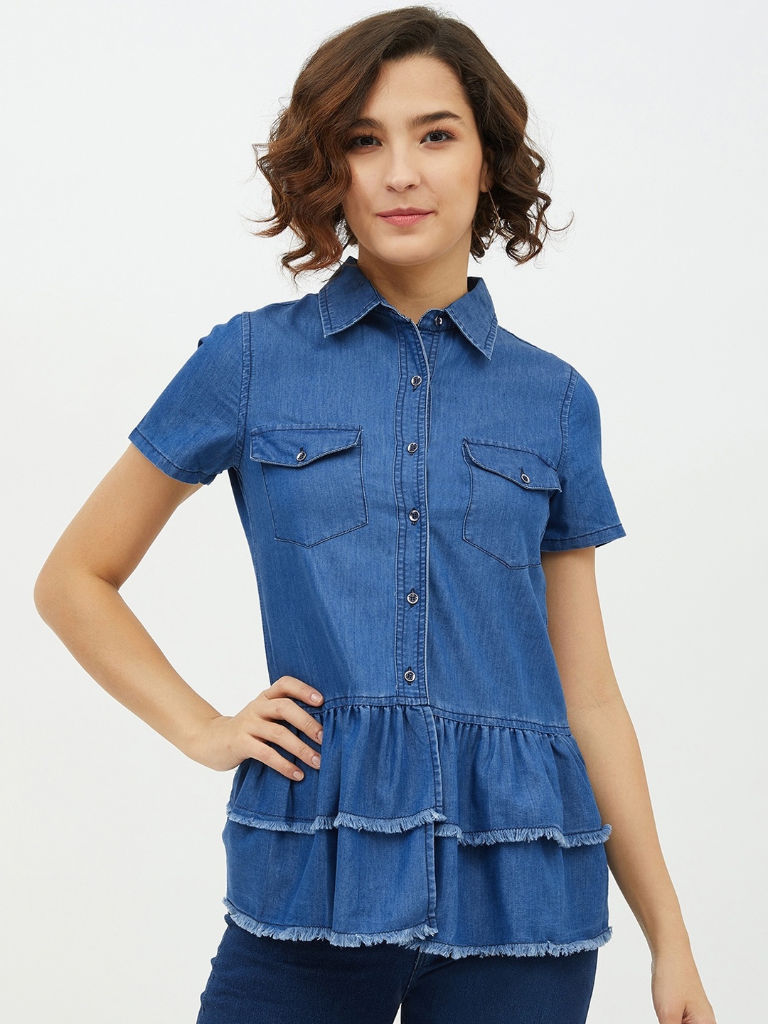 

StyleStone Blue Denim Cotton Shirt Style Top