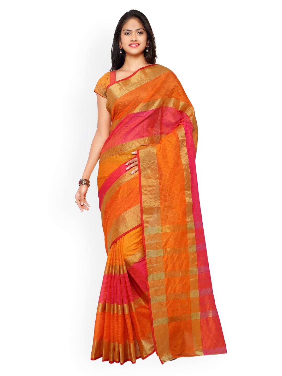 

KALINI Orange Striped Poly Silk Saree