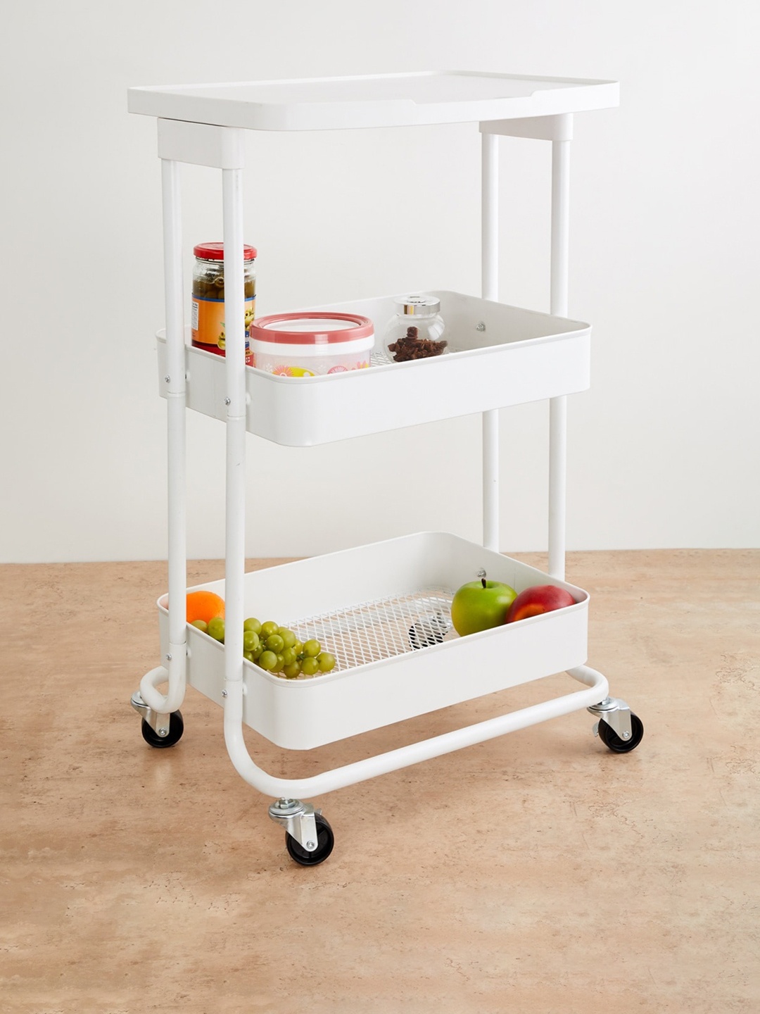 

Home Centre White Solid Metal Tranzit 3 Tier Kitchen Storage Trolley