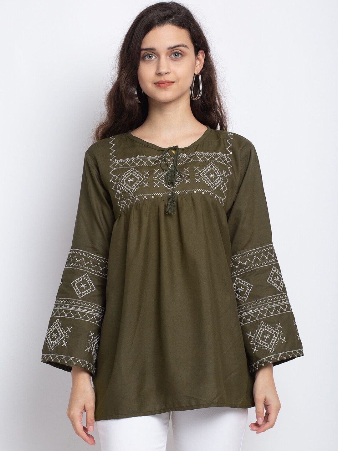 

Miaz Lifestyle Women Olive Tie-Up Neck Crepe A-Line Top