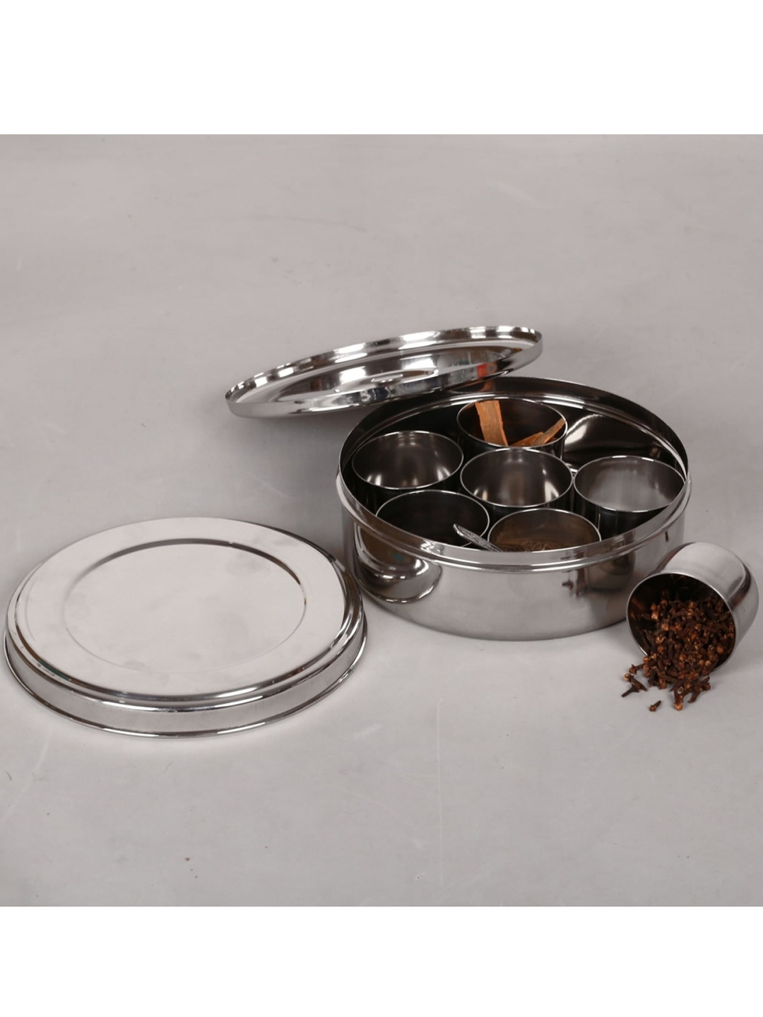 

Home Centre Silver-Toned Solid Stainless-Steel Spice Box with 7 Containers & 1 Spoon