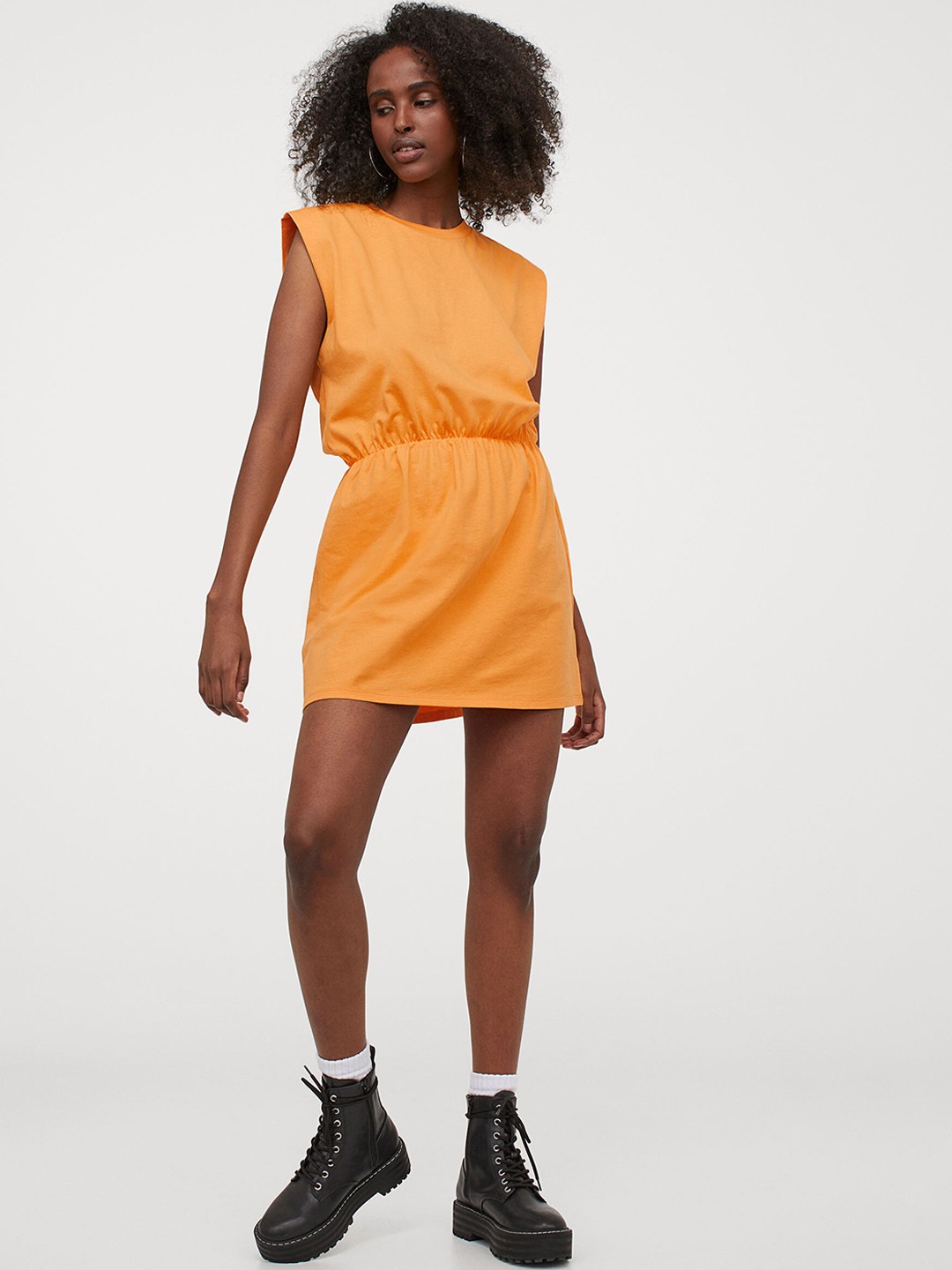 

H&M Women Mustard Solid Cotton Jersey Dress