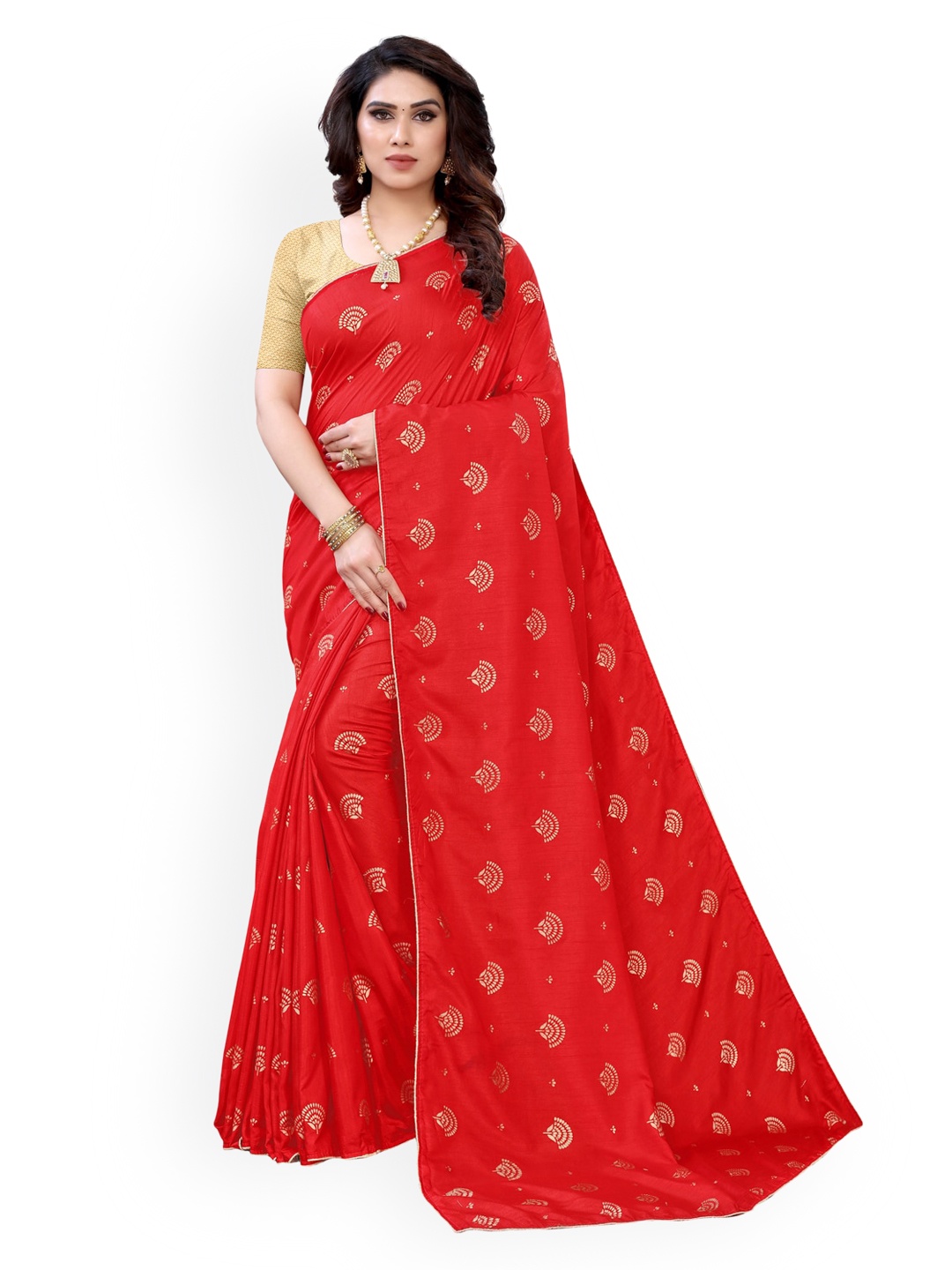 KALINI Red Ethnic Motifs Foil Printed Poly Silk Saree