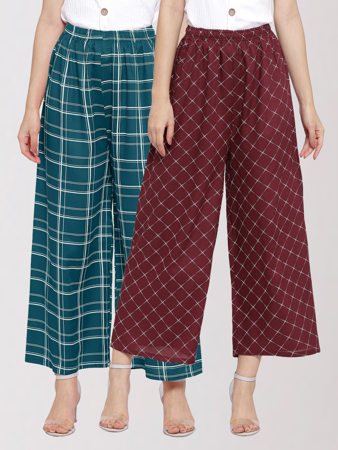 

KLOTTHE Women Maroon & Teal Set of 2 Checked Palazzos