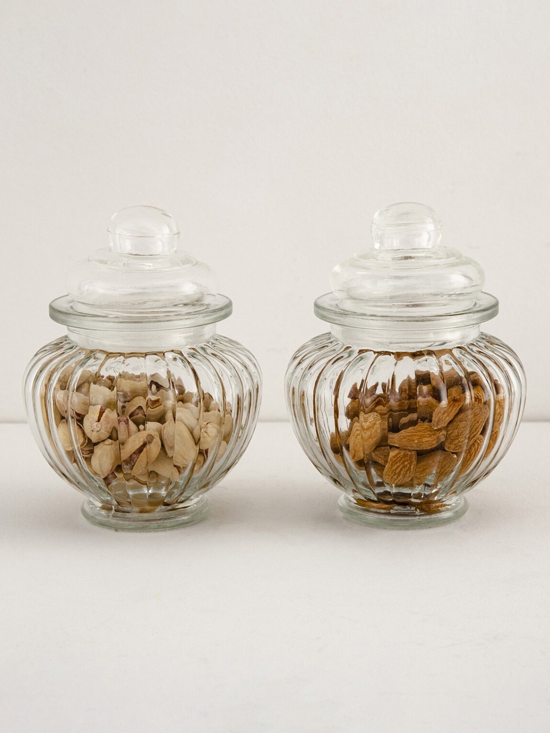 Home Centre Set Of 2 Transparent Textured Glass Jar With Lid