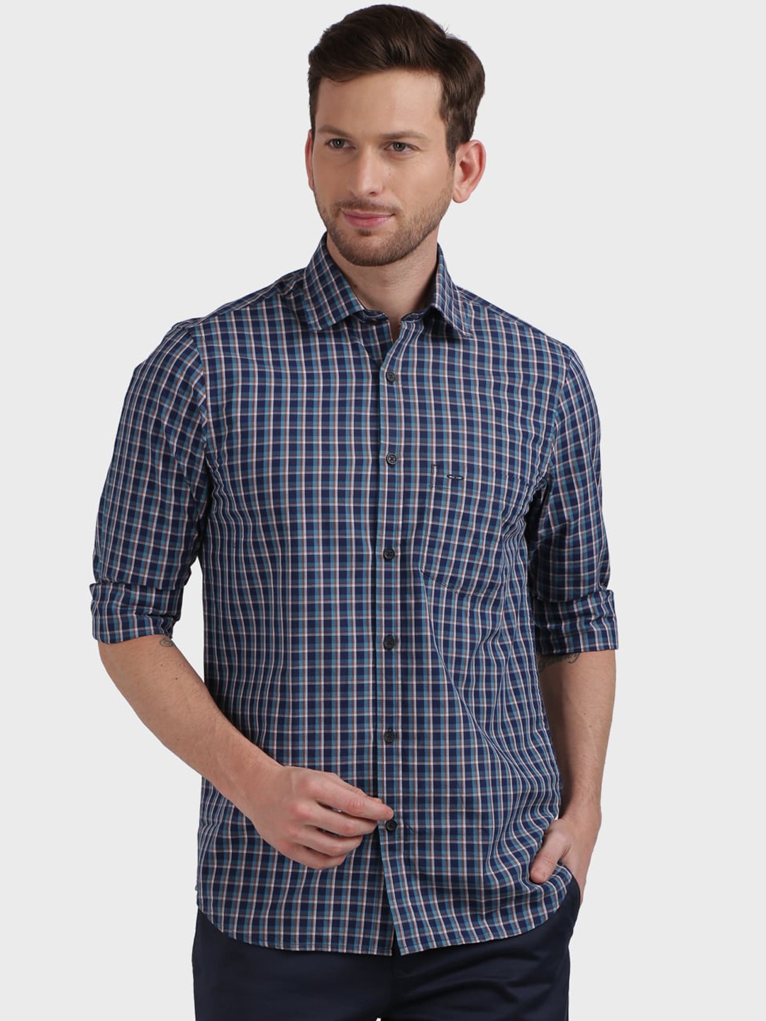 

ColorPlus Men Blue Tailored Fit Checked Casual Shirt