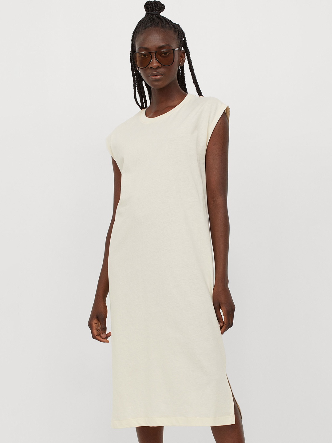 

H&M Off White Solid Sleeveless Cotton Jersey Dress