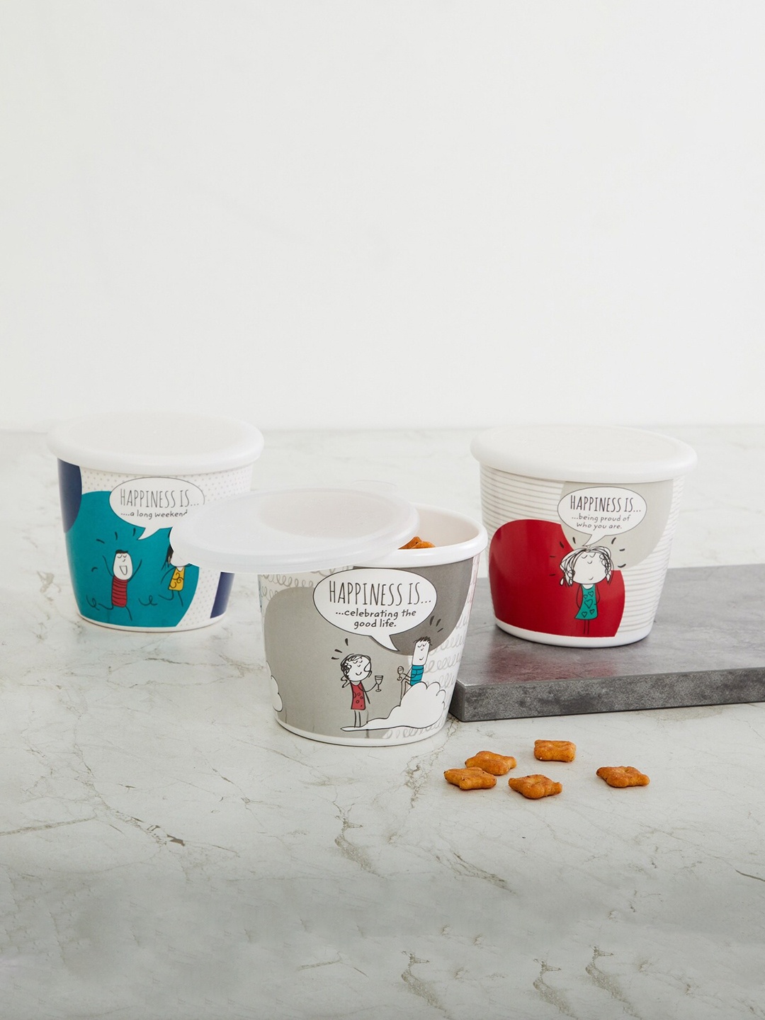 

Home Centre Set Of 3 Grey & Red Conversational Print Canisters With Lid