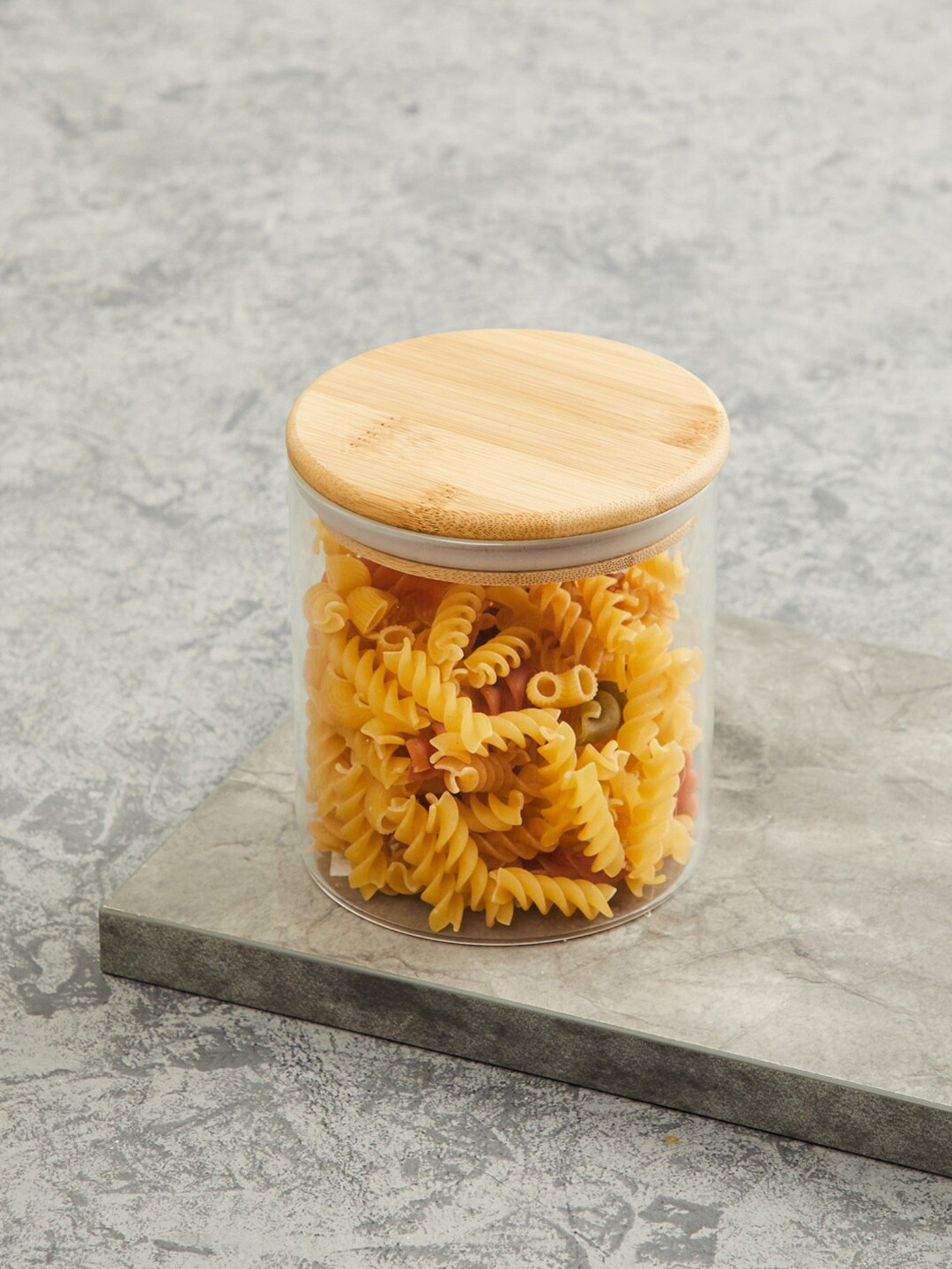 

Home Centre Transparent & Beige Borosilicate Glass Jar With Bamboo Lid 600 ml