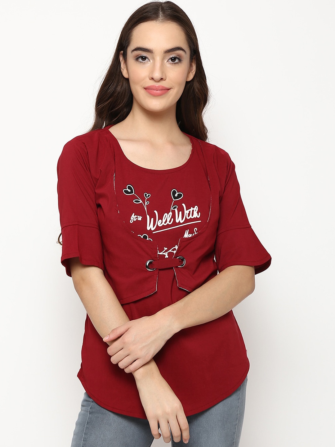 

V2 Value & Variety Maroon & White Bell Sleeve Regular Top