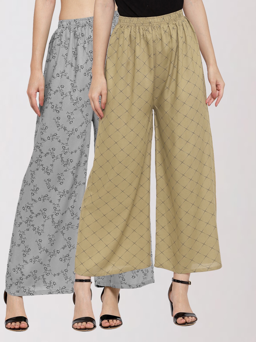 

KLOTTHE Women Set Of 2 Grey & Beige Printed Palazzos