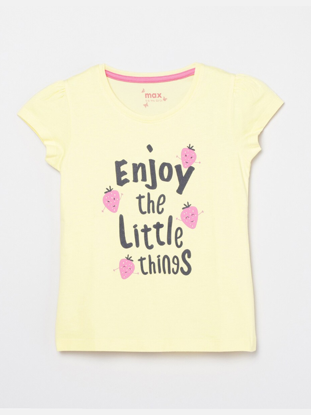 

max Girls Yellow Typography Printed Puff Sleeves T-shirt