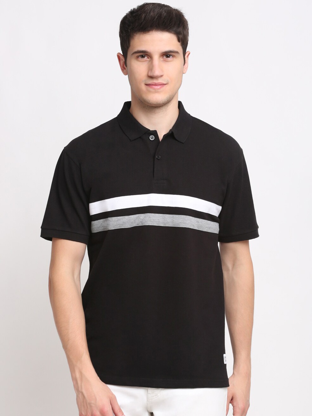 GRIFFEL Men Black & brown Polo Collar Applique T-shirt