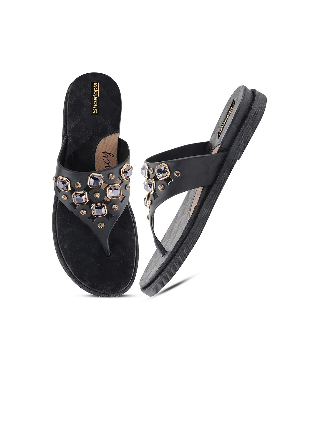 

Shoetopia Women Black Embellished Thong Flip-Flops
