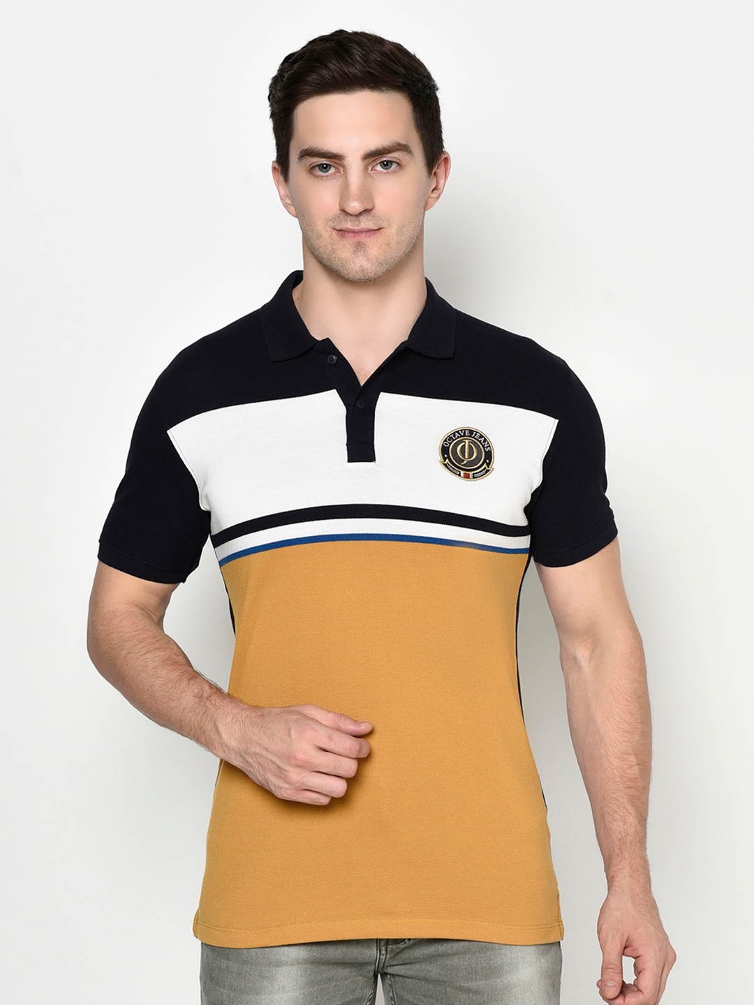 

Octave Men Mustard & Black Colourblocked Polo Collar Applique T-shirt