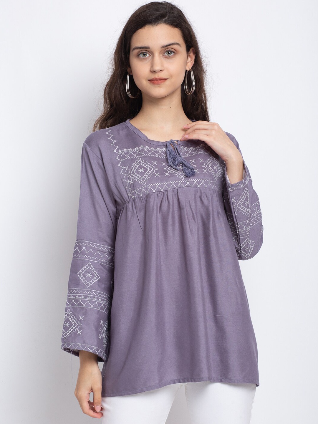 

Miaz Lifestyle Blue Embroidered Tie-Up Neck Crepe A-Line Top