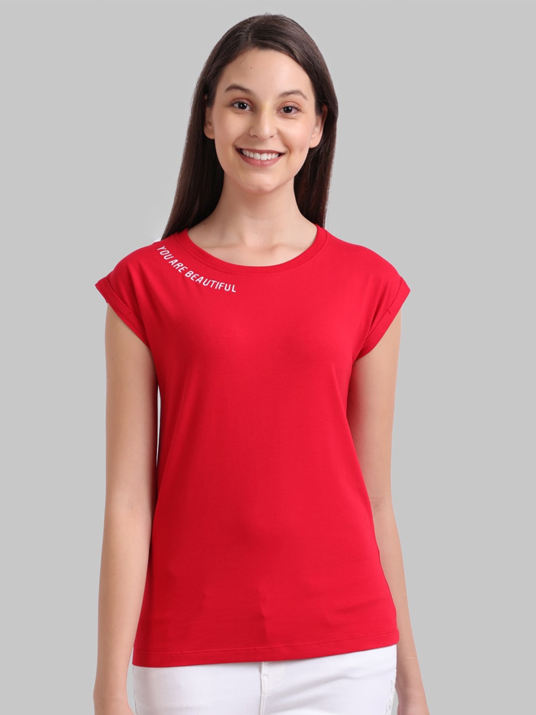 

Parx Women Red Typography Printed Extended Sleeves T-shirt