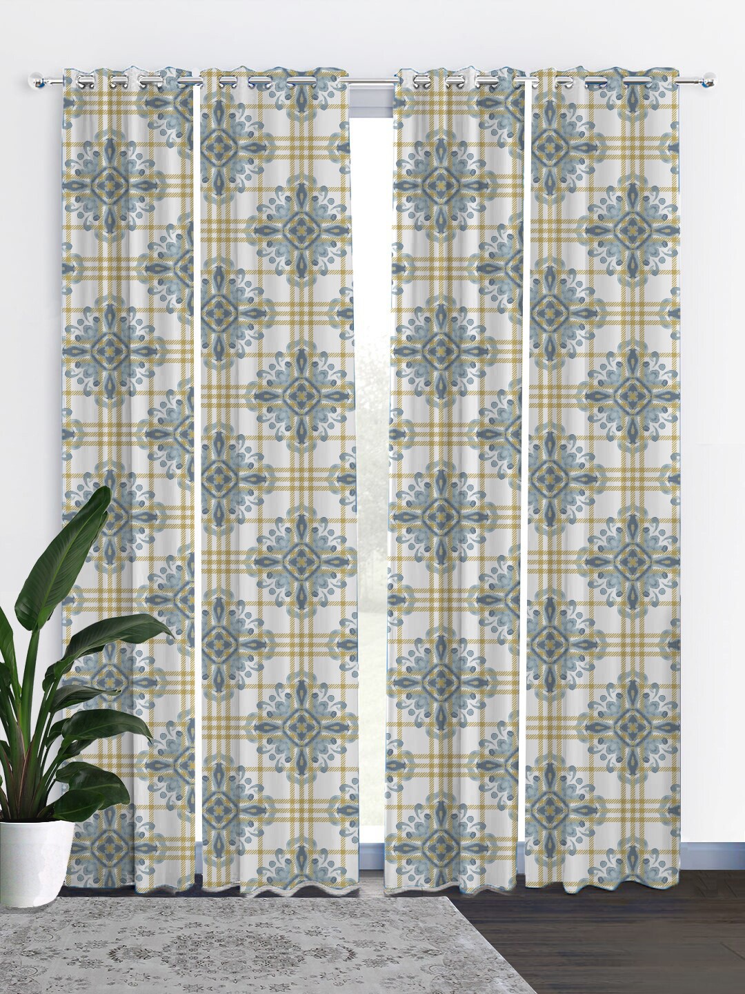 

HOUZZCODE White & Blue Set of 4 Black Out Door Curtains
