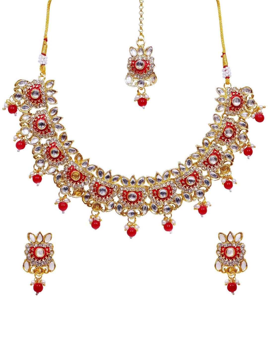 

Crunchy Fashion Gold-Plated White & Red Kundan-Studded Enameled Traditional Antique Jewellery Set