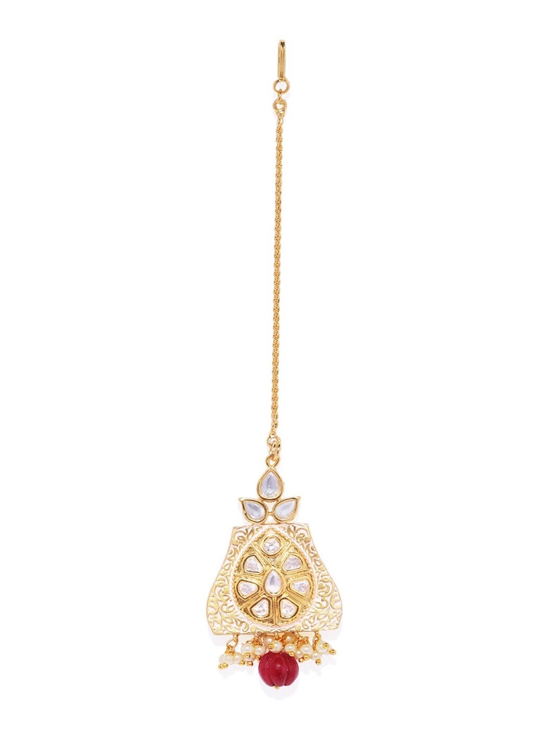 

AccessHer Gold-Plated Meenakari White & Pink Kundan-Studded & Beaded Maang Tikka