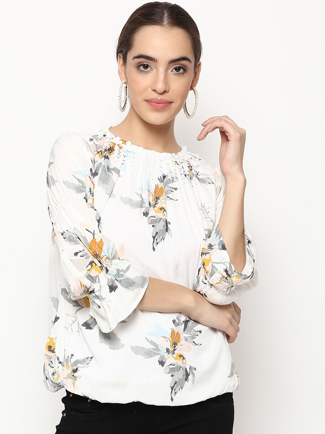

V2 Value & Variety Women White & Mustard Floral Bell Sleeve Regular Top