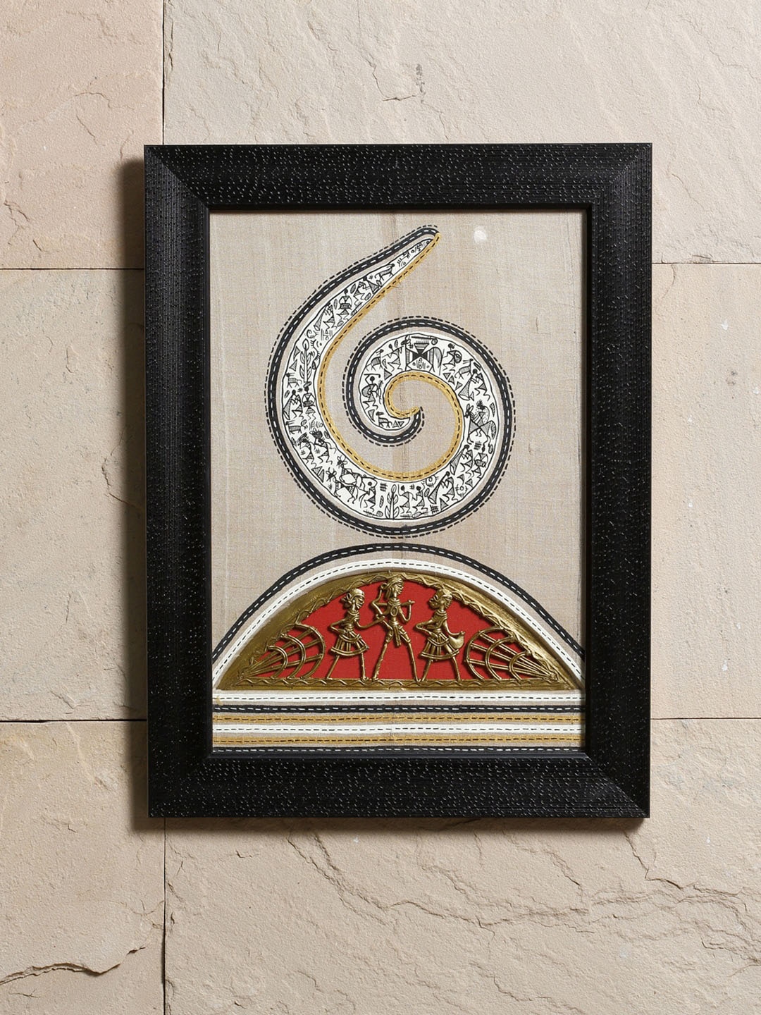 

Aapno Rajasthan Beige & Red Dhokra & Warli Painting Handcrafted Wall Art
