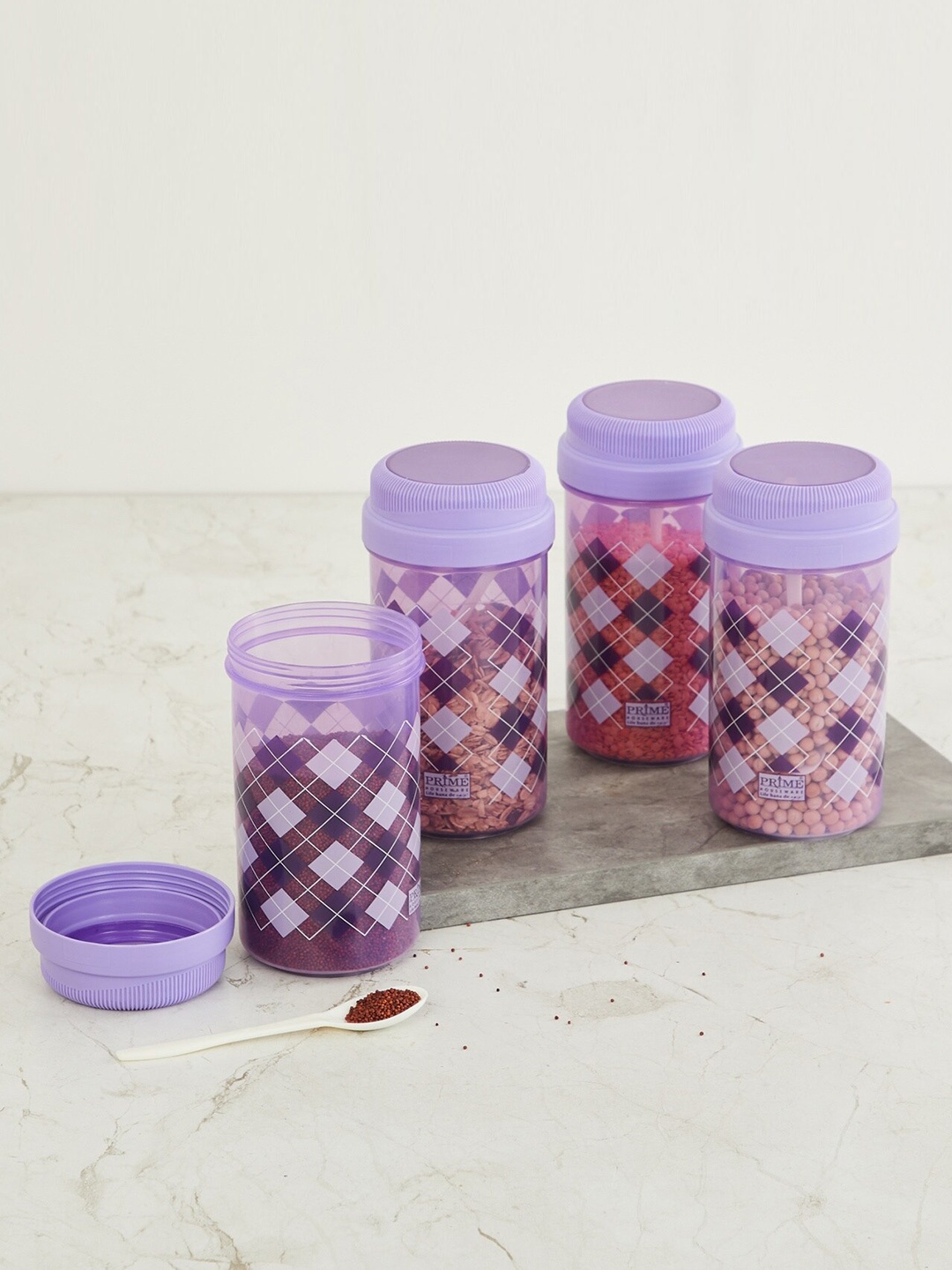 

Home Centre Set Of 4 Purple & White Checked Storage Containers 750 ml
