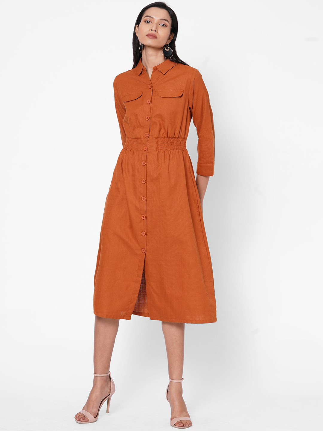 

109F Orange Smocked Shirt Midi Dress