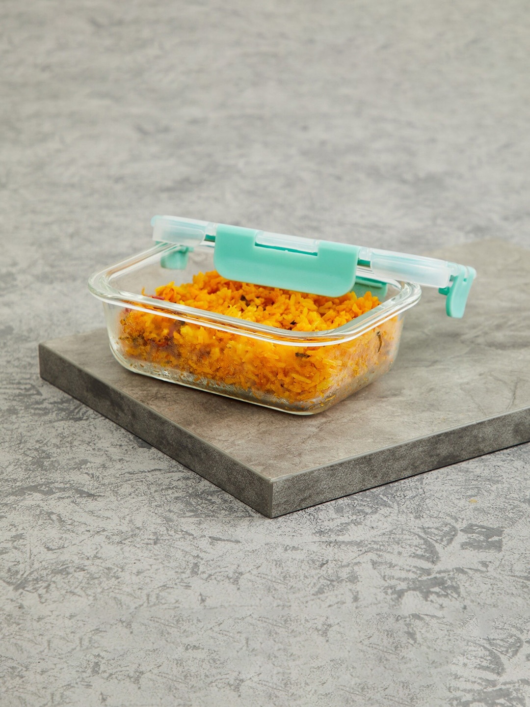 

Home Centre Transparent & Turquoise Blue Food Storage Container With Removable Lid 370 ml