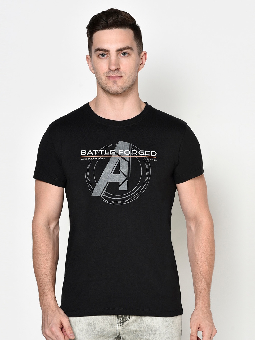 Octave Men Black Avengers Printed T-shirt