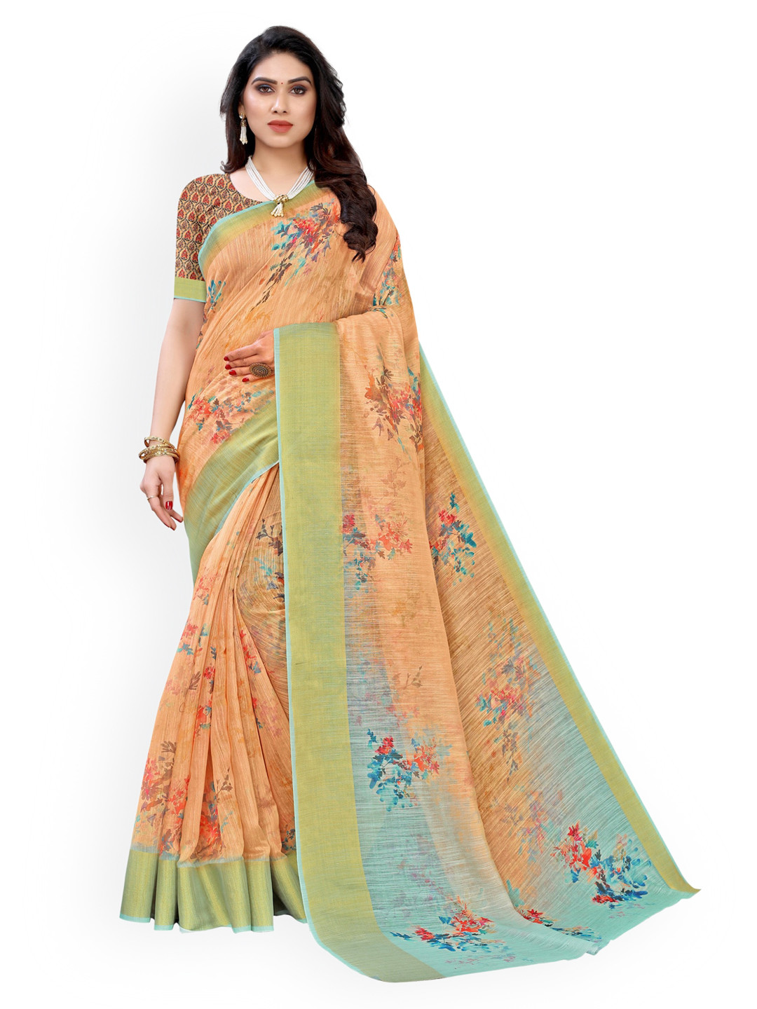 

KALINI Orange Floral Printed Poly Cotton Saree
