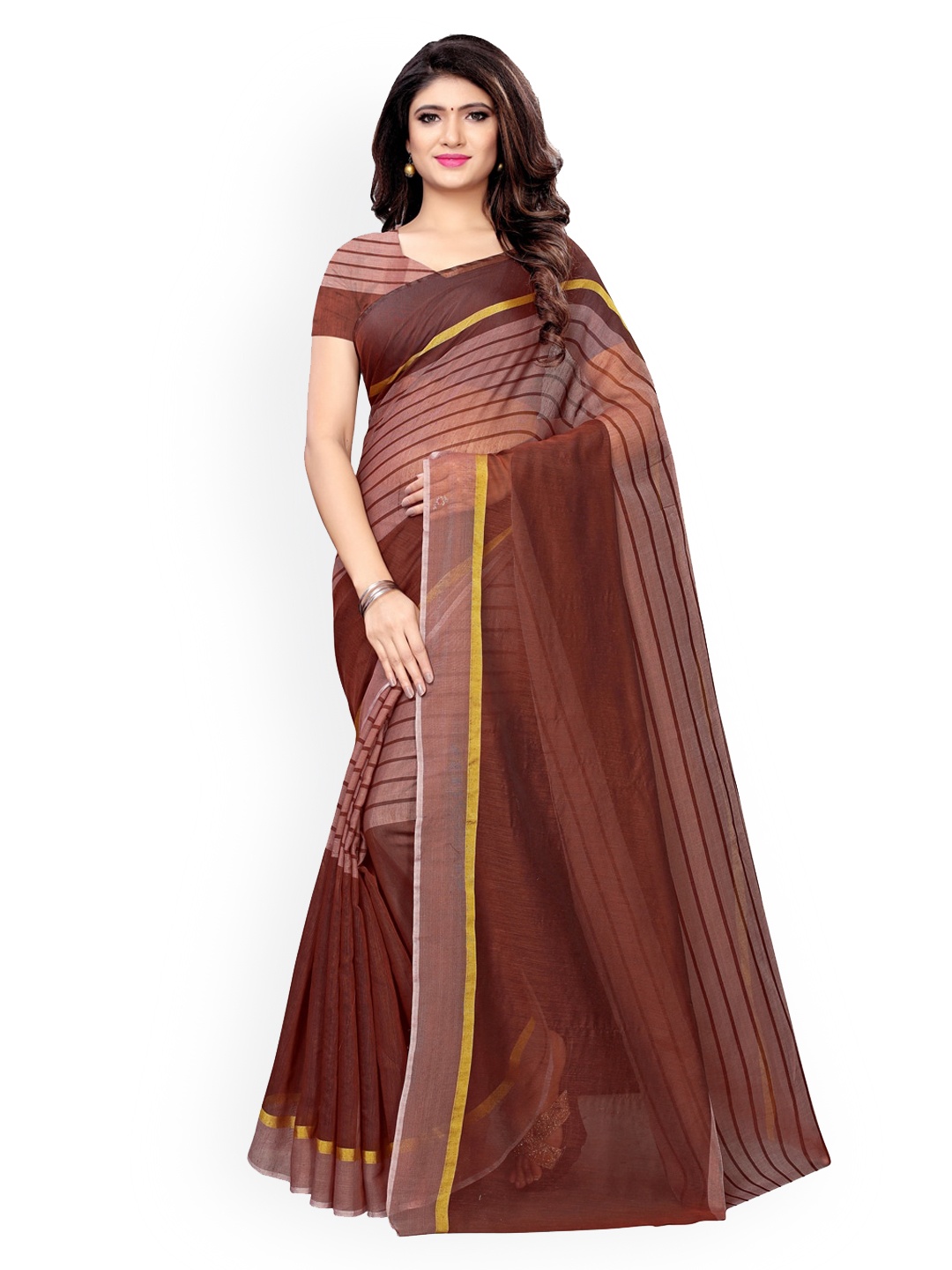 

KALINI Brown Striped Silk Blend Kanjeevaram Saree