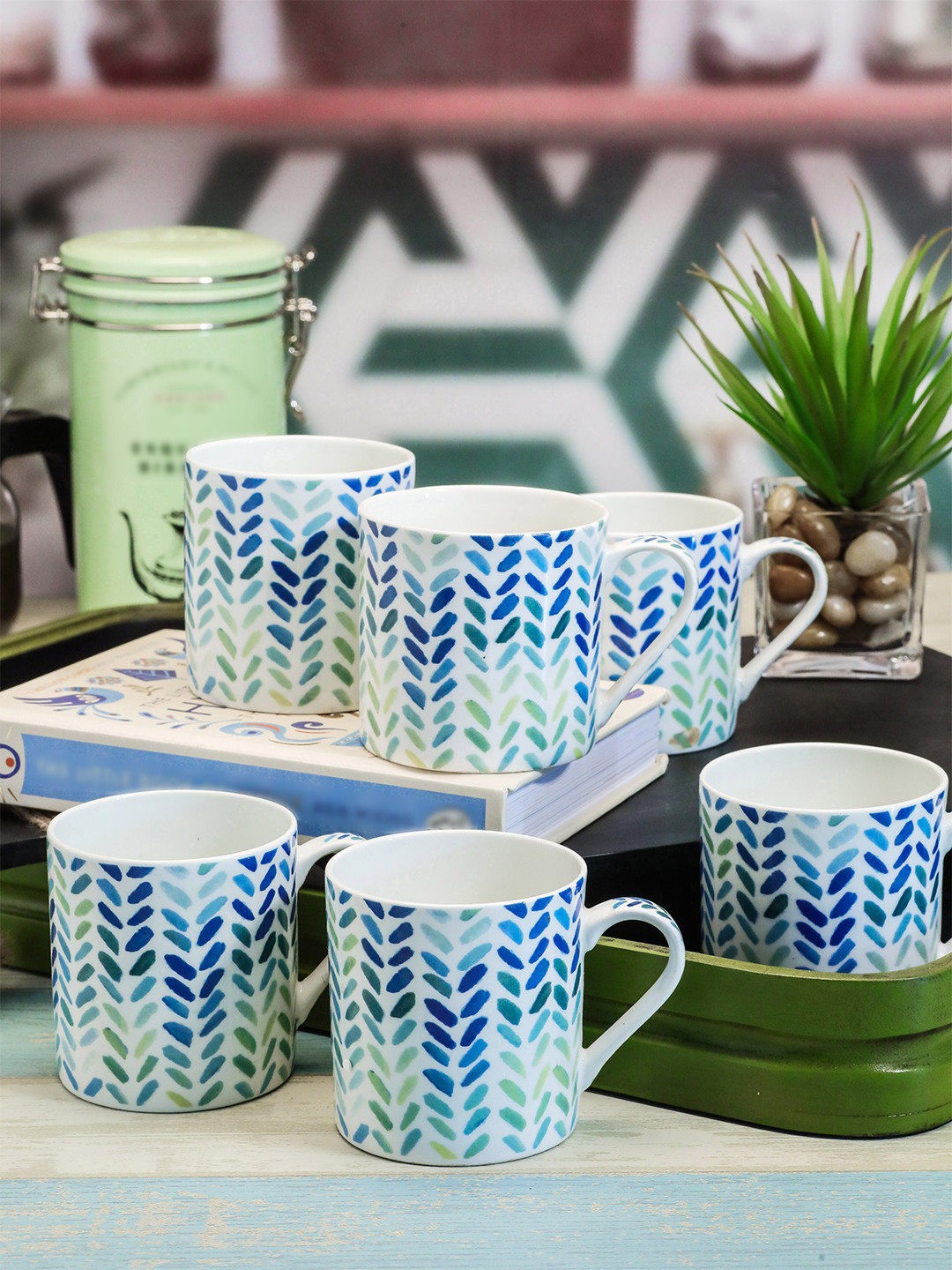 

GOODHOMES White & Blue Printed Bone China Mugs Set