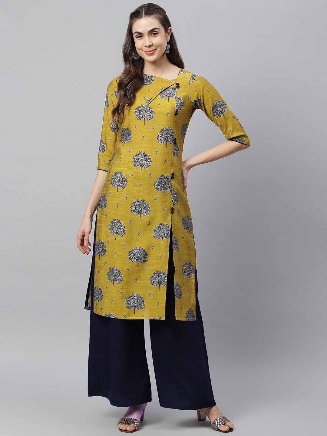 

HK colours of fashion Women Mustard Yellow Floral Foil Printed Kurta