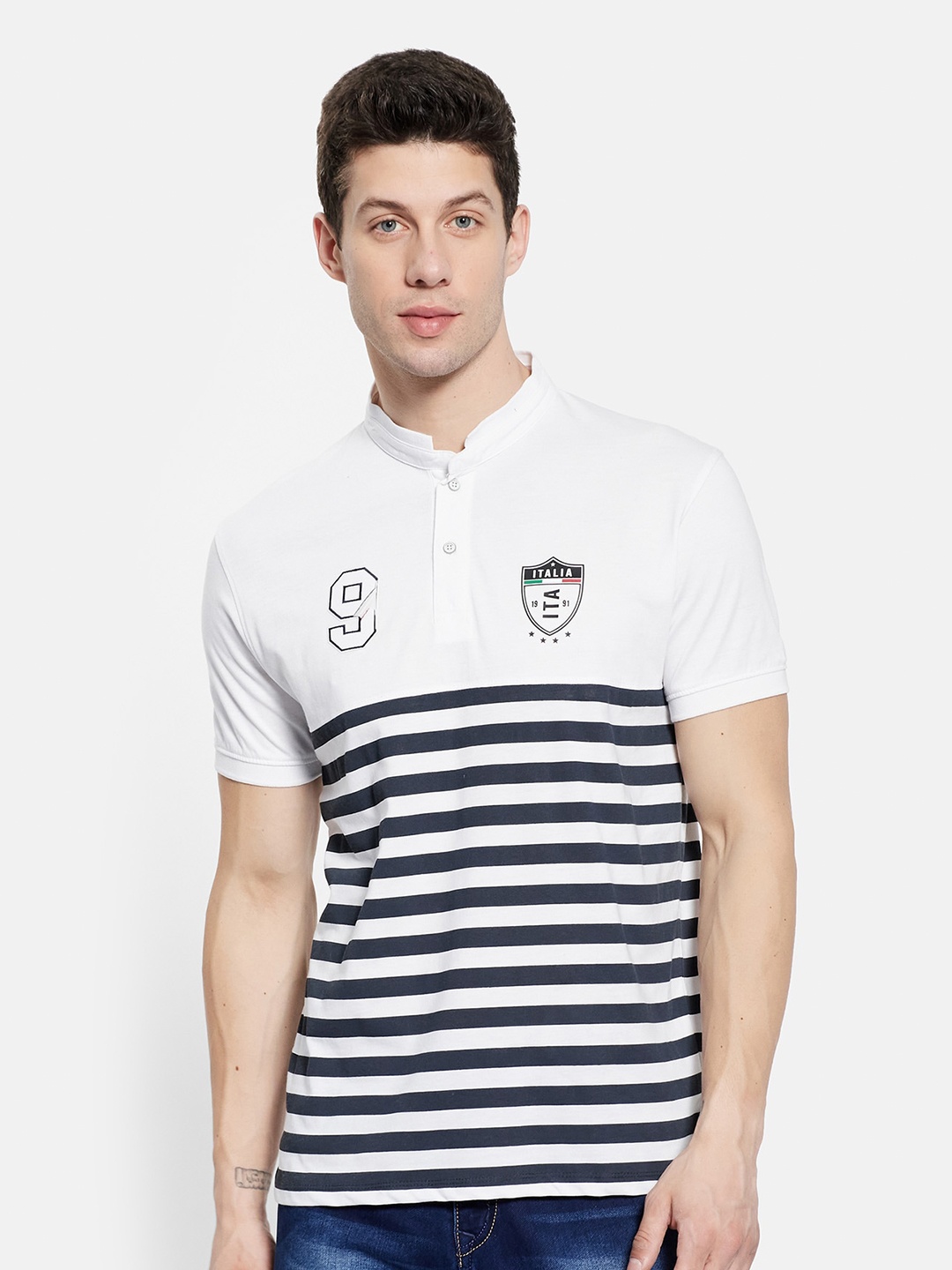 

Octave Men White Striped Henley Neck T-shirt