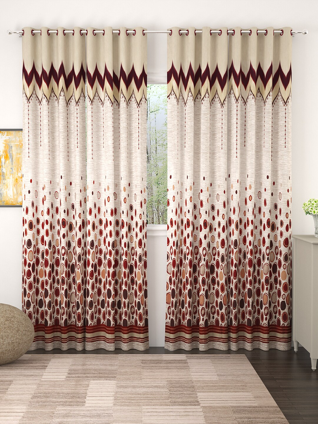 

Story@home Cream-Coloured & Brown Set of 4 Premium Jacquard 350GSM Room Darkening Eyelet Door Curtains