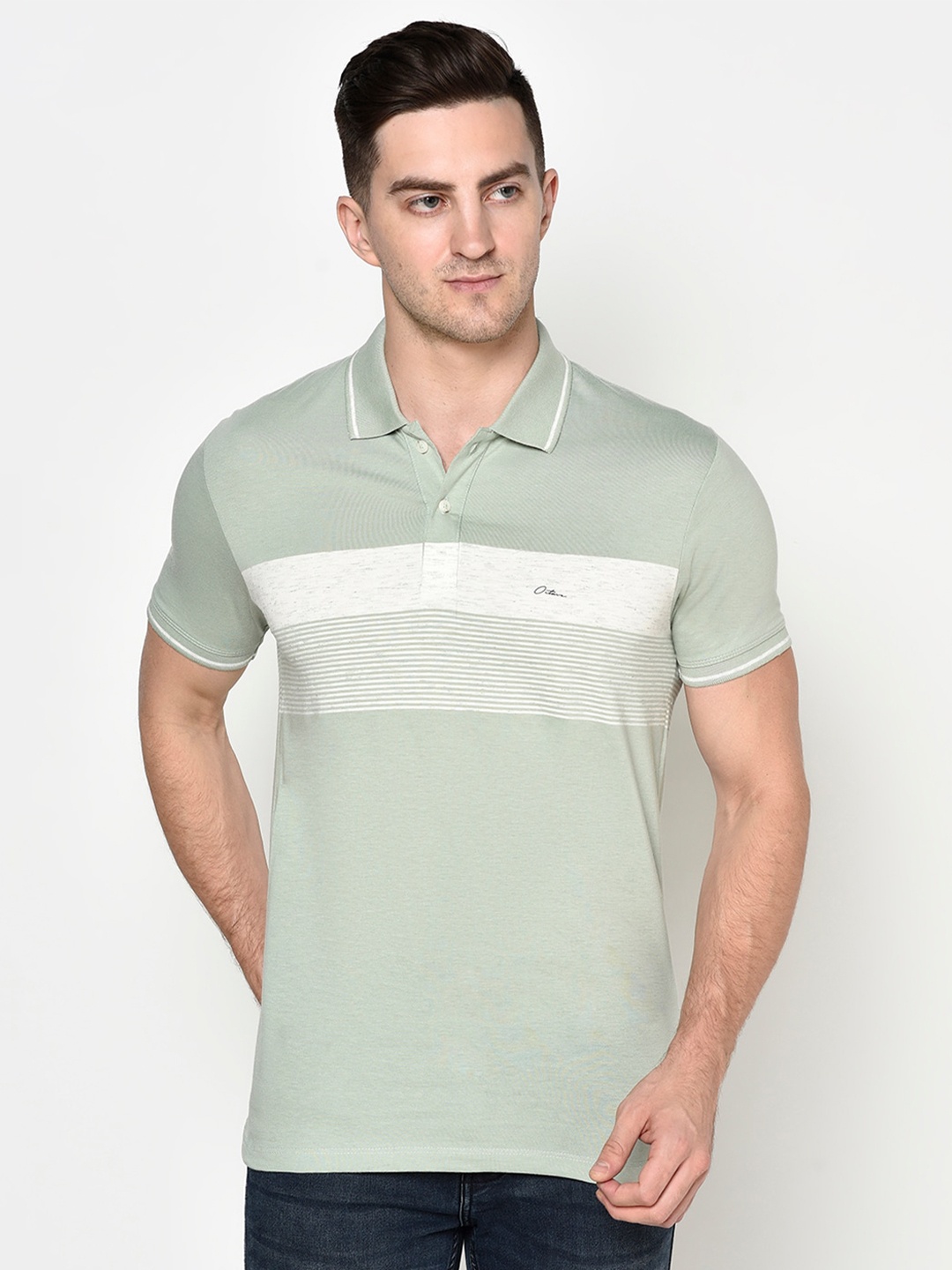 

Octave Men Green Striped Polo Collar Extended Sleeves T-shirt