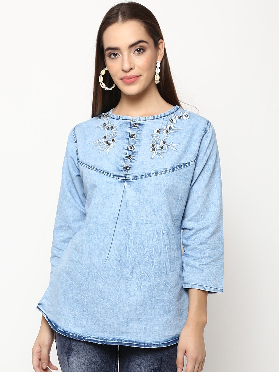 

V2 Value & Variety Women Blue Floral Embroidered Denim Regular Top